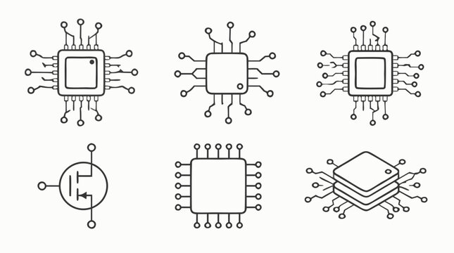 Clean flat vector illustration of assorted microchip and transistor line icons on a light background for electronics, semiconductor, and technology design.