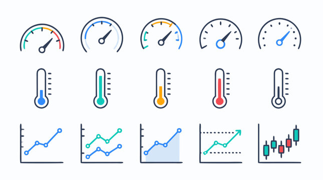 Clean flat vector illustration on a light background showing dashboard gauges, thermometers, line graphs and candlestick charts for analytics, monitoring and business reports.