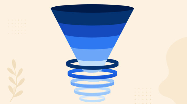 Clean flat vector illustration of conversion rate infographic with a funnel and descending percentage rings on a light background.