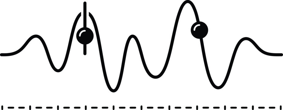 Minimalist black and white vector graphic illustration featuring a continuous undulating wave line with distinct circular points and a dashed base measurement line created for professional data visual