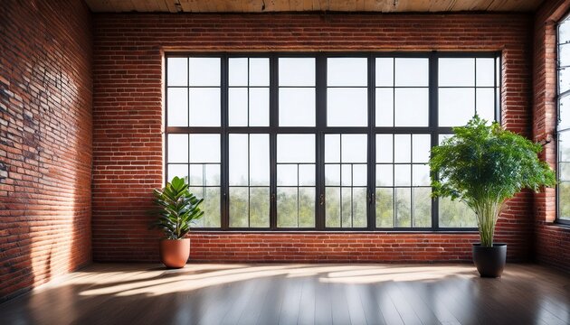 interior of the big room with a brick wall empty room with big window in loft style brick wall with plant in a modern interior