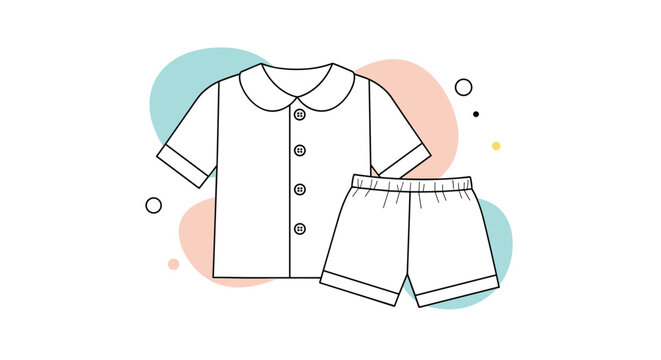 Childish pajama set consisting of a short-sleeved button-up shirt and shorts, shown in a clean black outline against soft pastel circular shapes.