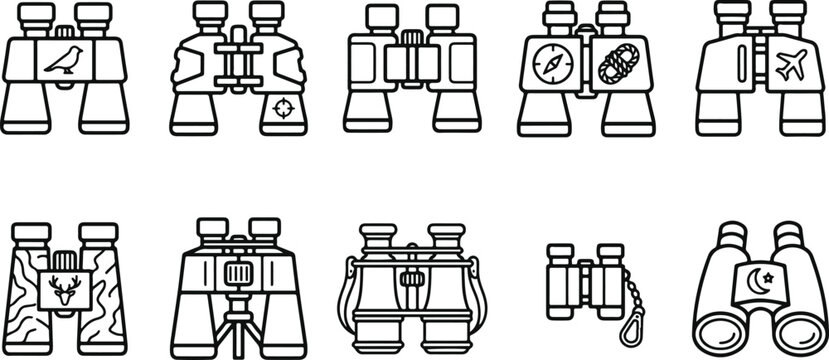 Various binoculars with different designs and symbols
