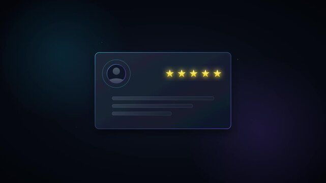 Five star user rating interface animation with glowing gold stars on dark background