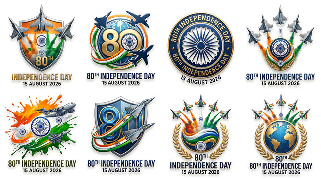 Indian 80th independence day celebration logos with fighter jets and globe