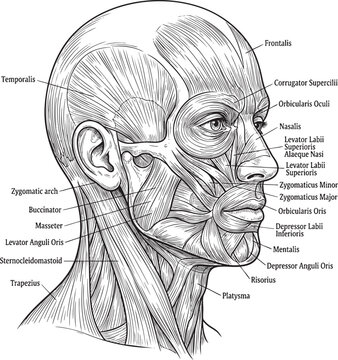Detailed anatomical line of human head muscles labeled front and side views anatomy labeled diagram