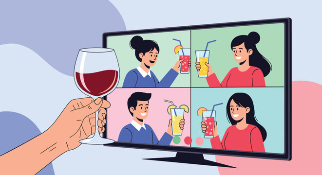 Modern social interaction showing a hand holding a red wine glass in front of a computer screen with friends in a video conference call.
