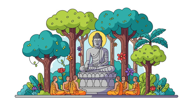 Serene Buddha statue meditating on a lotus throne in a lush green forest surrounded by Buddhist monks vector illustration.
