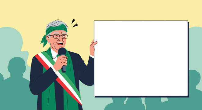 Politician wearing a sash and headband holding a large blank white board while speaking into a microphone during a public rally.