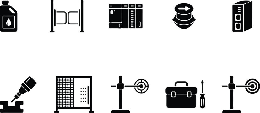 Industrial hardware components and factory equipment icons set