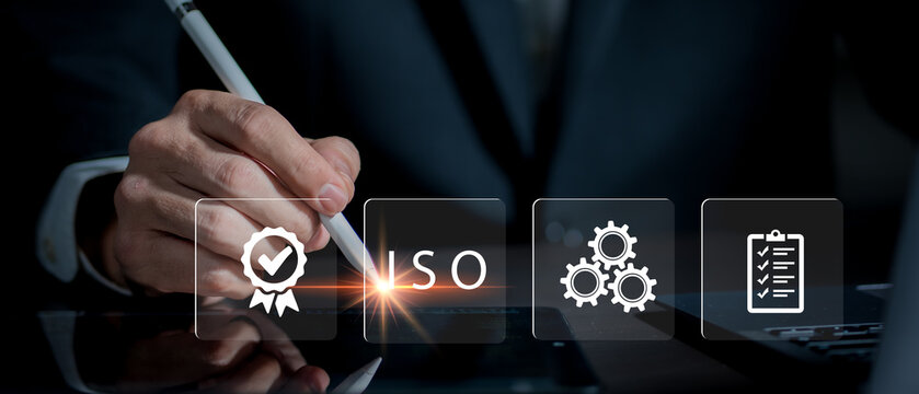 Certification and standardization process, iso certified business, conformity to international standards and quality assurance concept. Person touching certificate icon...	
