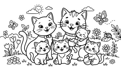 Cute Cat Family Cartoon Coloring Page with Kittens Flowers and Garden Scene © Shakib