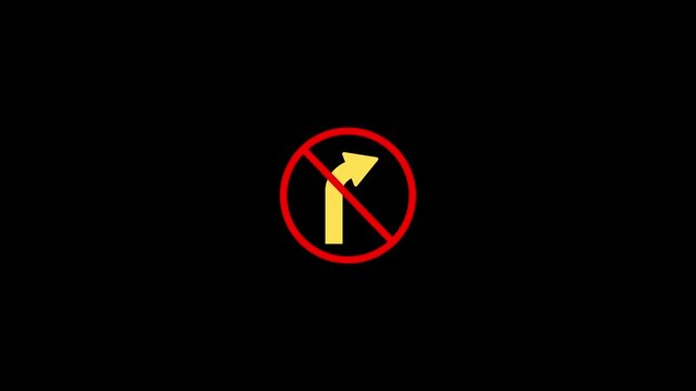 No right turn traffic sign animation, prohibited directional symbol on black background, road sign forbidden