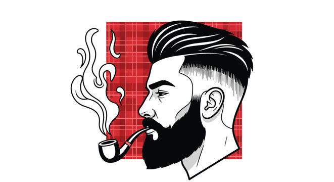 Profile portrait of a stylish bearded man with trendy haircut smoking a tobacco pipe against a red plaid pattern background.