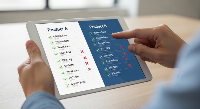 Person comparing financial product options on tablet computer. User analyzing interest rates and service fees for investment choice. Digital tool for personal finance management and bank decision.