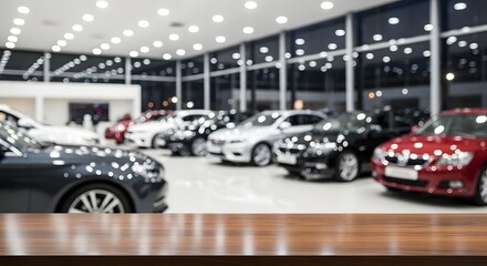 Fototapeta premium Car Showroom Interior With Wooden Countertop And Luxury Vehicle Background