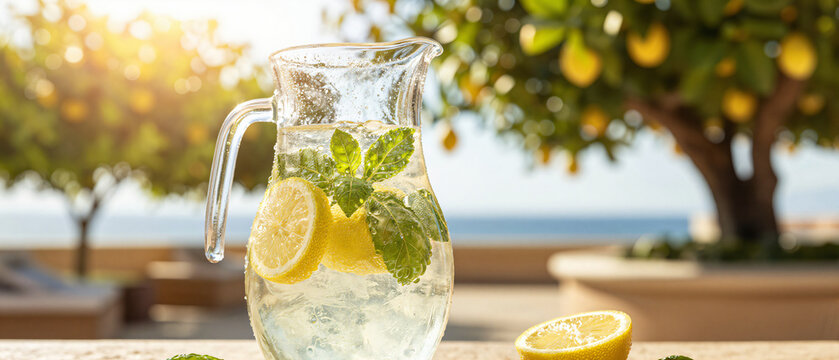 Hausgemachte Limonade mit Zitronen und Minze an einem Sommertag