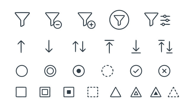 Clean flat vector illustration of set of outline icons for data filtering, sorting arrows and segment shapes, editable stroke style, flat vector on a light background.