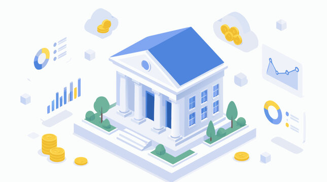 Clean flat vector illustration of a bank building with coins and financial charts on a light background, ideal for fintech, banking, investment, or business service promotions.