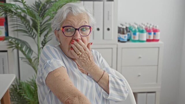 Senior woman patient wearing glasses and striped shirt with bandage on upper arm sitting and covering mouth while yawning in a medical building; tired.