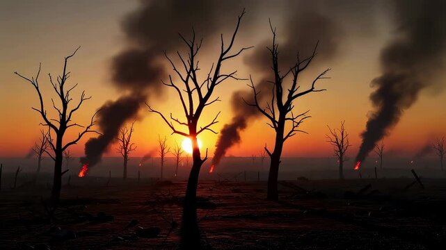 Battlefield at sunset with burning trees and heavy black smoke. Devastated landscape after military conflict. Environmental destruction and war damage concept.