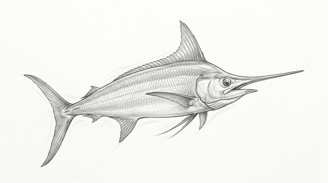 Marlin Fish Drawing Elegant Pencil Sketch Isolated on White Background