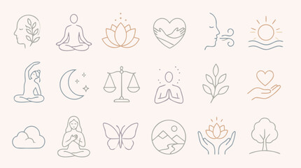 Obraz premium Clean flat vector illustration of set of outline icons for mental health, mindfulness and emotional balance on a light background.