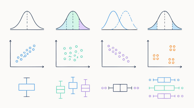 Clean flat vector illustration of set of outline icons for statistical distribution showing bell curves, scatter clusters and box plots, editabl on a light background.