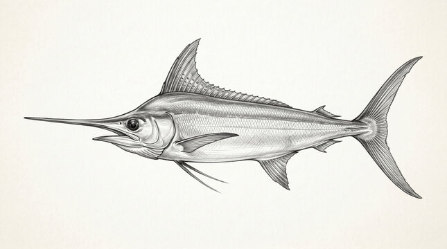 Vintage Marlin Swordfish Illustration Hand Drawn Pencil Sketch on Paper