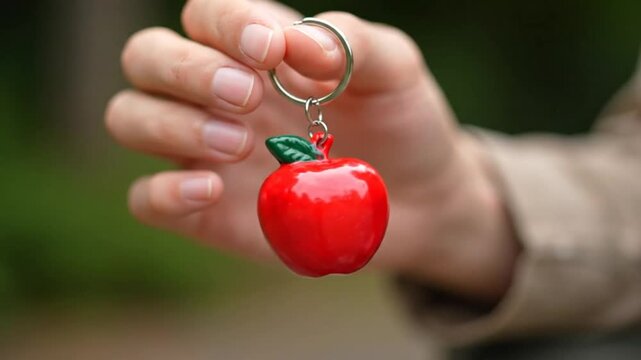 Close up view of a hand holding a shiny red apple keychain with green leaf, natural lighting