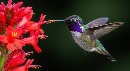 Obraz premium Male Hummingbird with Iridescent Purple Throat Hovering and Feeding on Bright Red Tubular Flowers