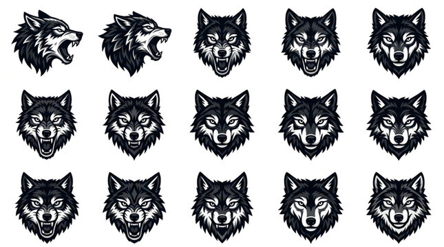 Collection of wolf head illustrations.