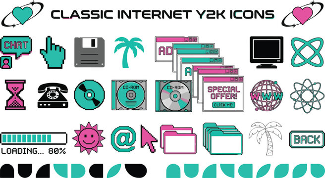 Classic Internet Y2K Icons Set Retro Web Elements and Early 2000s Digital Symbols Collection