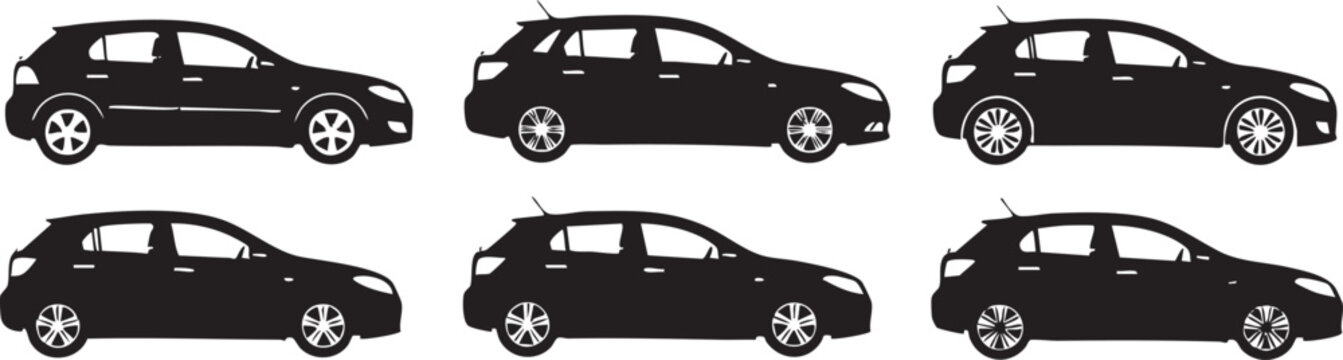 Five black compact hatchback cars side view lineup black cars compact hatchbacks car lineup