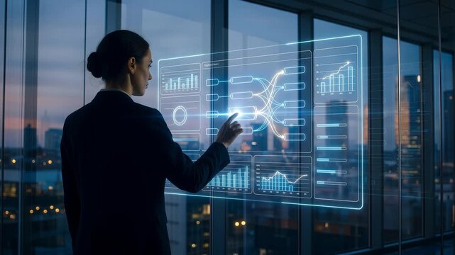 Businesswoman interacting with holographic data in office. 4K Video