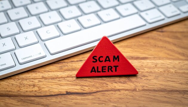 Scam Alert Sign with Keyboard on Wooden Surface