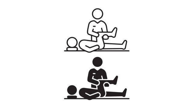 Physiotherapy leg massage icons, physical therapy rehabilitation vector set, medical treatment for sports injury recovery, black and white line art