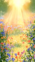 Obraz premium Vibrant wildflower meadow illustration evokes serenity golden hour light paints a tranquil pastoral landscape scene