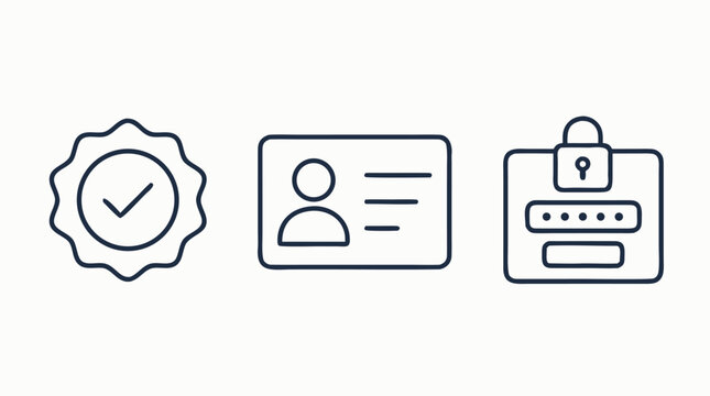 Clean flat vector illustration of verification badge, user ID card and password lock icons on a light background for cybersecurity onboarding or login interface design.