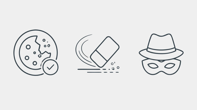 Clean flat vector illustration on a light background showing cookie consent, eraser cleanup, and incognito mask icons for privacy settings and web security UI design.