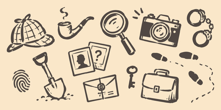 Detective Mystery Doodle Set Vector Illustration