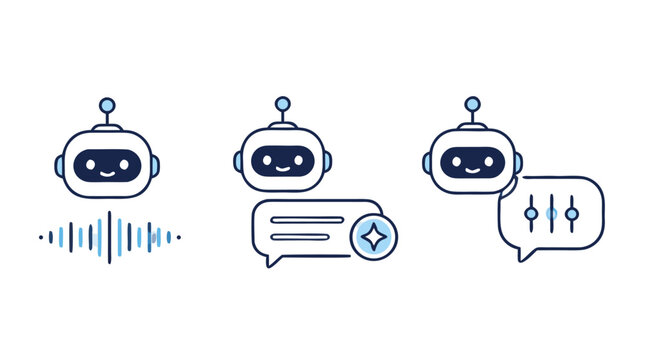 Clean flat vector illustration of set of artificial intelligence assistant line icons with voice wave, smart reply and command bubble, editable on a light background.