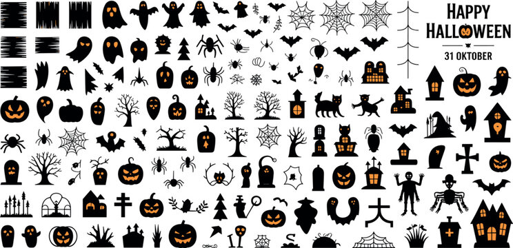 Halloween vector silhouette icon set with spooky ghosts pumpkins haunted houses bats spiders and scary design elements