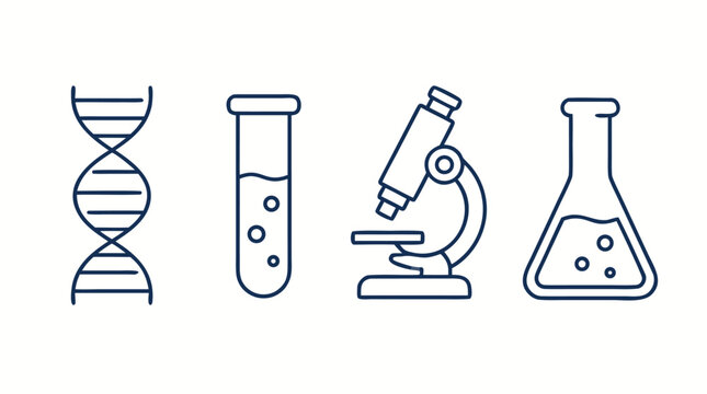 Clean flat vector illustration of set of line icons for medical research including DNA, test tube, microscope and lab flask, editable stroke sty on a light background.