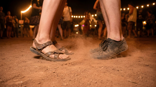 Close Up of Feet Dancing Forro on Dirt Floor Lifting Dust at Night Festival