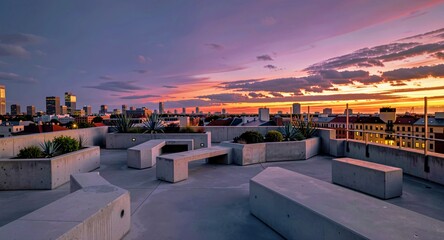 Fototapeta premium Expansive rooftop terrace at sunset for luxury urban lifestyle marketing.