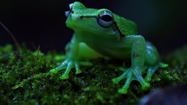 Green frog on moss closeup