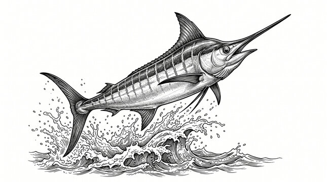 Marlin fish jumping out of ocean waves vintage hand drawn engraving style