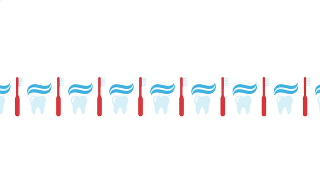 Red toothbrushes and white teeth with blue toothpaste in a horizontal border pattern.