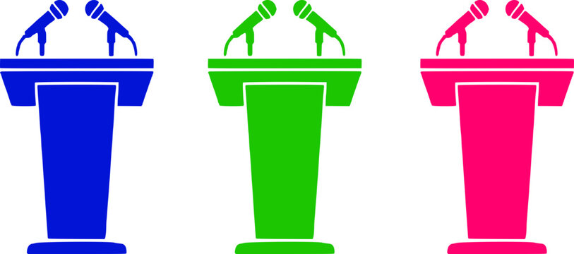 Three colorful podiums with microphones for public speaking, debate, and presentation, symbolizing communication and discussion.
